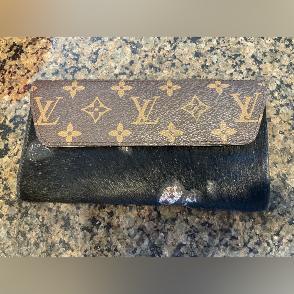 Leather cowhide hair & authentic up-cycled Louis Vuitton canvas wallet